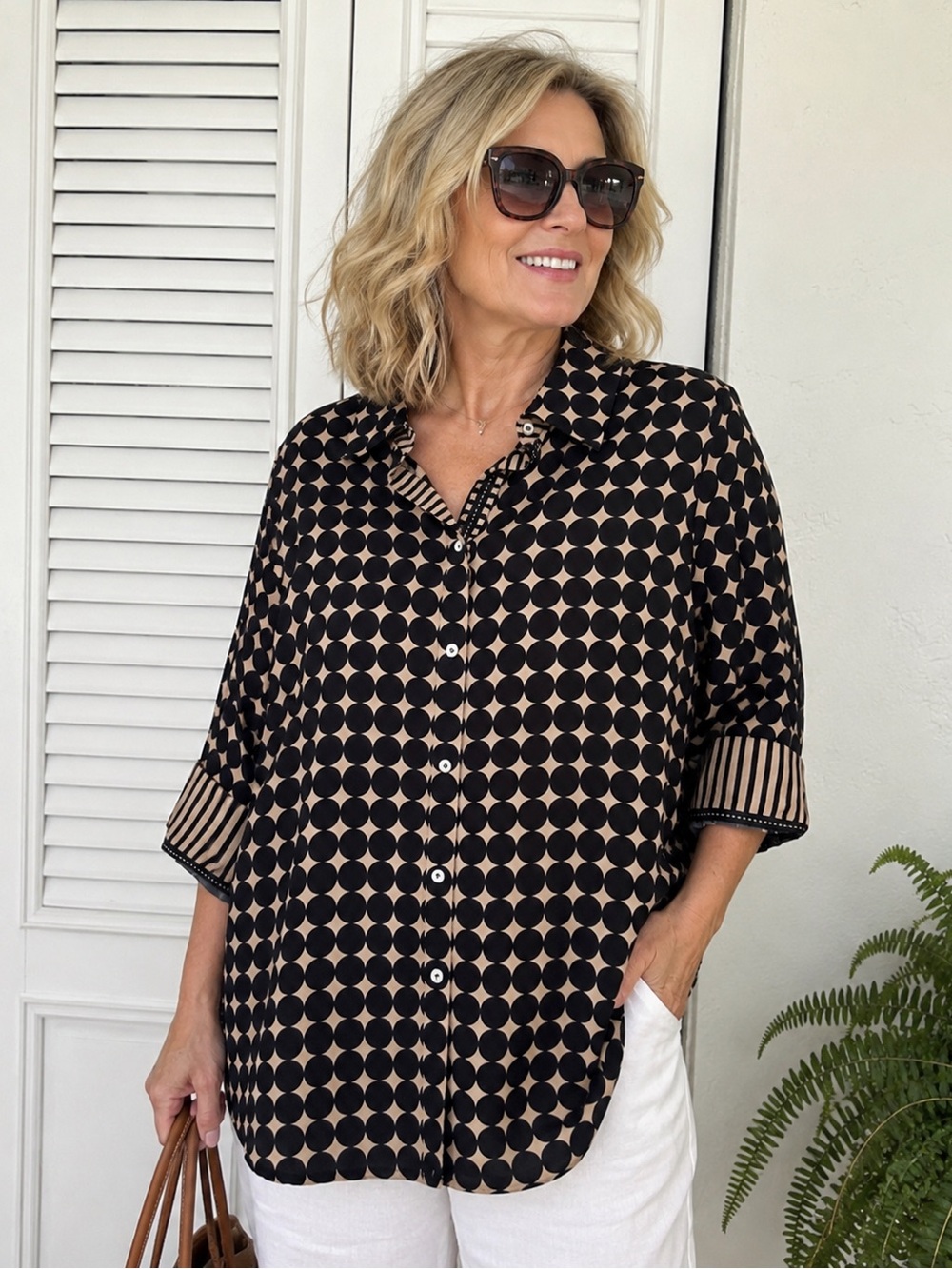 Foxcroft NYC wrinkle free Black Tan Geometric Button-Down cotton Blouse 18W NWT